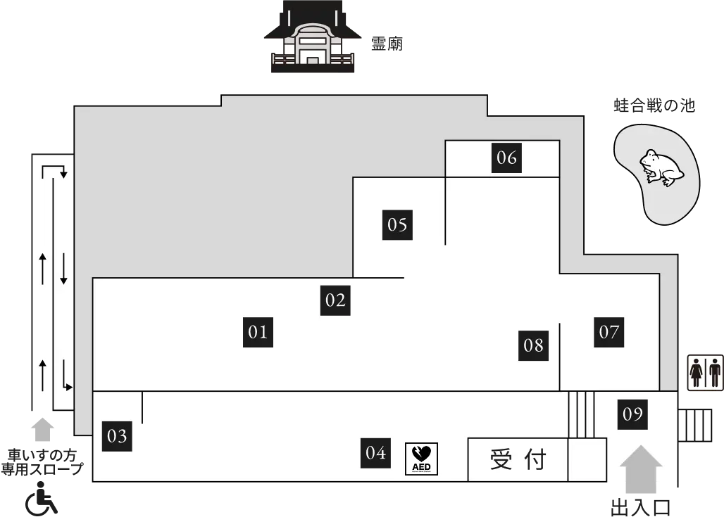 岩松院本堂内のマップ。右下に出入り口・受付。スロープは左下。各展示品の番号が記載されている。