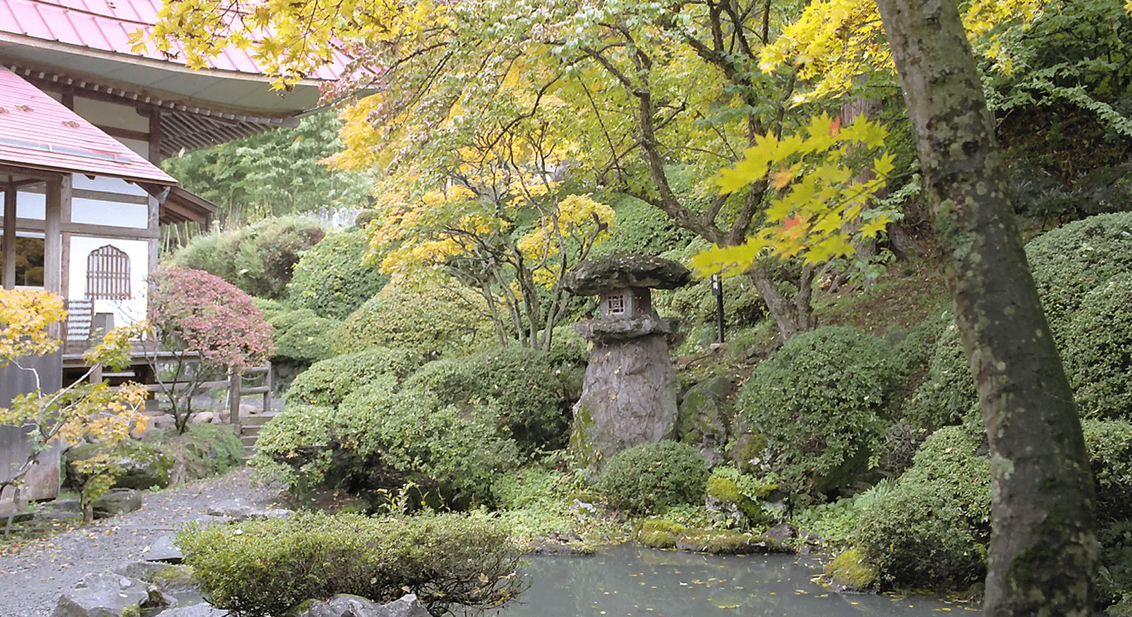 秋色に染まった木々に囲まれた庭園と石灯籠。落ち着いた雰囲気の中に岩松院の本堂が一部見える