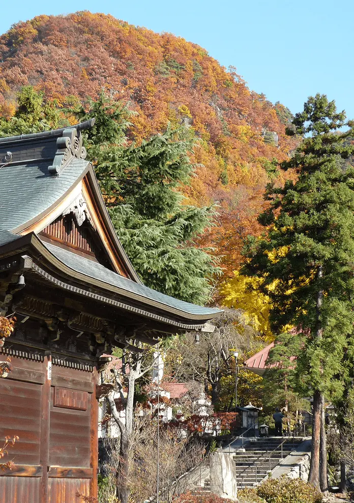 岩松院本堂の伝統的な屋根構造と背後の紅葉した山々、オレンジと黄色に色づいた秋の美しい境内風景