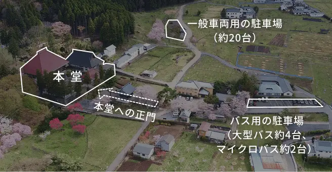 岩松院境内の航空写真案内図：本堂、本堂への正門、一般車両用駐車場（約20台）、大型バス用駐車場（3台）の配置を示す